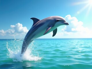 Fototapeta premium Dolphin leaps above clear blue ocean water under a bright sunny sky