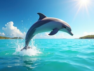 Fototapeta premium Dolphin leaps joyfully over turquoise waters under a bright sun in a tropical setting