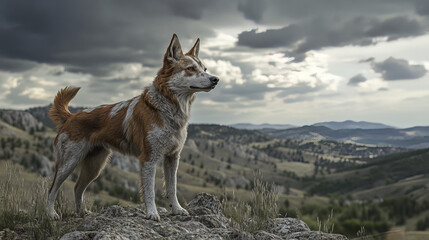 Naklejka premium confident dog standing on rocky hillside, gazing at landscape