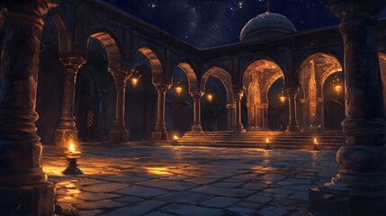 Fototapeta premium Candlelit Prayer in Temple Courtyard