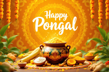 Happy Pongal Celebration with Traditional Harvest Items