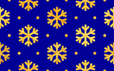 Snowflake seamless vector pattern for wrapping, cards, banner, flyer. Gold and blue Christmas background. New Year ornament. Gold snowflakes with glitter on blue isolated background for design.