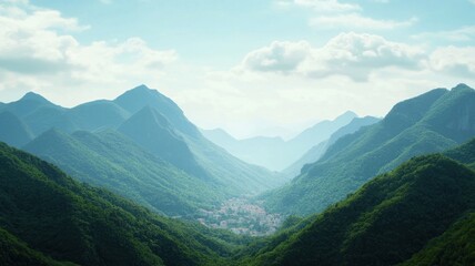 Fototapeta premium A serene landscape showcasing lush green mountains under a bright sky, with a valley nestled between the peaks.