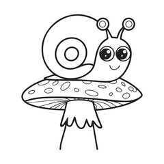 Coloring page with cute snail and mushrooms in grass for kids, kawaii black and white cartoon insects themed educational worksheet for print, game for preschoolers