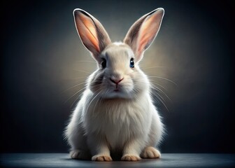 Obraz premium Adorable white bunny with brown eyes and floppy ears, captured in soft, low-light grey background.