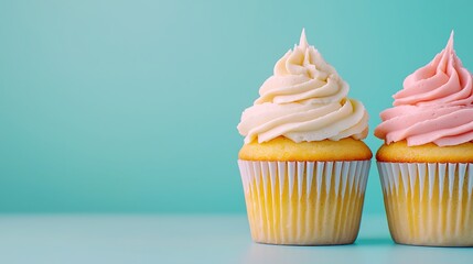Delectable Vanilla and Strawberry Cupcakes on Teal Background