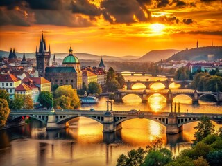 Obraz premium Prague Bridge Sunset - Vintage Photography, Old Town, Charles Bridge, Golden Hour, Bohemia, Czech Republic