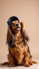 A happy-looking brown Dachshund sitting against a gradient background with its front paws resting on a gray edge.
