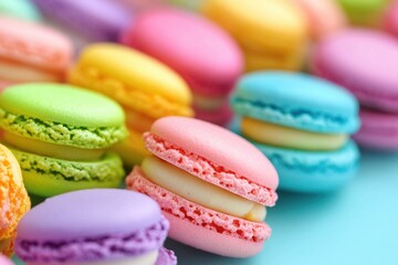 Fototapeta premium Colorful Macarons Arranged on a Blue Background