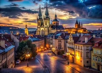 Prague Night Photography: Old Town Square, Tyn Church, Castle Illumination
