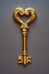 A golden heart shaped key on a gray background