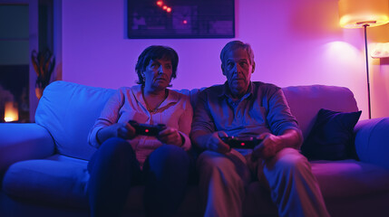Naklejka premium Senior couple playing video games on a couch, joyful competition and bright indoor lighting