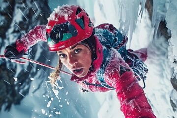 Adventurous climber scaling icy peaks snowy mountains action photography winter wonderland close-up thrill seeking