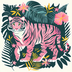 Pink Tiger in a Vibrant Tropical Jungle: Exotic Foliage, Bold Colors, and Artistic Wildlife Illustration