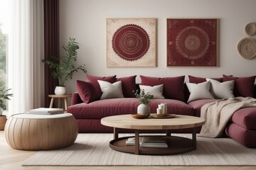 Bohemian Maroon And Beige Living Room Design With Round Wooden Coffee Table