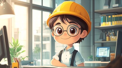 Young Boy in Construction Helmet Smiling at Office Desk
