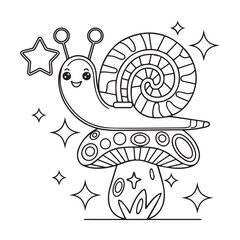 Coloring page with cute snail and mushrooms in grass for kids, kawaii black and white cartoon insects themed educational worksheet for print, game for preschoolers