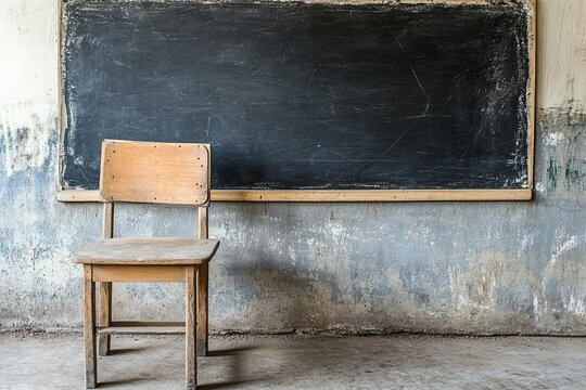 Vintage classroom with wooden chair and aged chalkboard on textured wall
