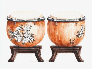 Traditional Japanese drums with floral designs in watercolor, isolated design on white background
