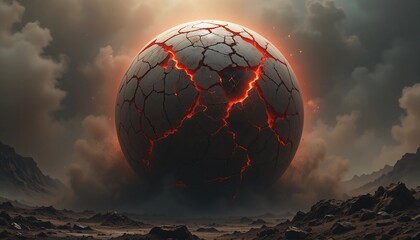 A cracked celestial sphere looms over a desolate landscape.