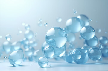Blue bubbles drift against a grey backdrop creating an abstract design of spherical particles Ideal for promoting cosmetic products highlighting vitamins for beauty and wellness 3D rendering