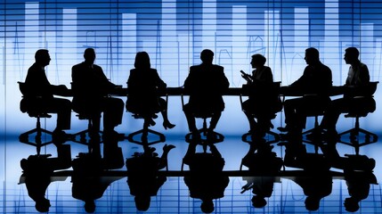 Silhouettes of business professionals discussing strategies in a modern corporate boardroom setting
