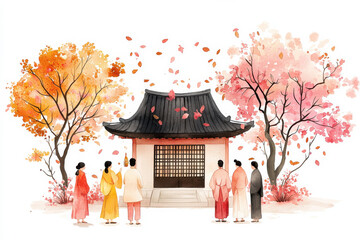 People visiting shrine surrounded by vibrant autumn trees
