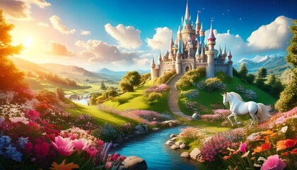 Fototapeta premium A fantasy themed background with fairytale castle on a hill surrounded by colorful flowers 