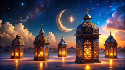 Obraz premium Ramadan Kareem Night Celebration: Arabic Lanterns, Moonlit Background
