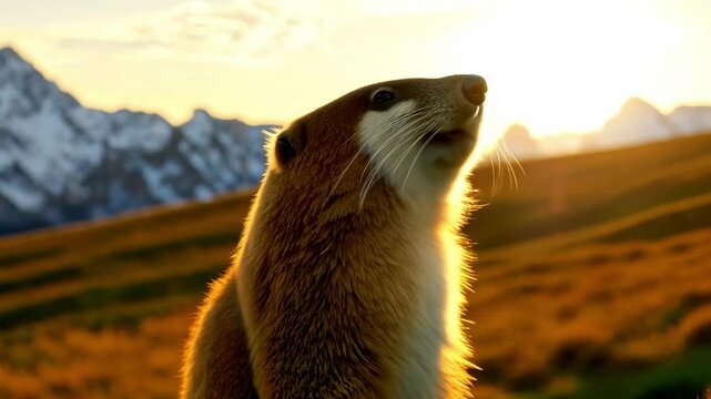 A cute fluffy marmot crawled out of its hole among the mountains and rocks on a sunny spring day. zoom in, zoom out, pan or make 360 photo, animate, pan right