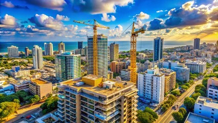 Naklejka premium Ramat Gan Aerial: Modern Cityscape, Construction Site, Blue Sky - Israel