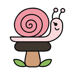 Coloring page with cute snail and mushrooms in grass for kids, kawaii black and white cartoon insects themed educational worksheet for print, game for preschoolers