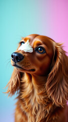 A cute brown Dachshund puppy looking up with a small white spot on its nose.