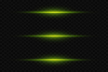 Collection of horizontal flares and highlights. Neon laser lines of light. On a transparent background.