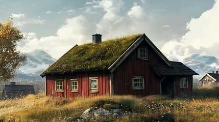 Red House with Grass Roof Mountain View
