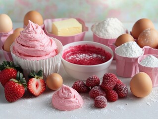 Pink frosting, strawberries, raspberries, eggs, butter, flour, and jam for baking.