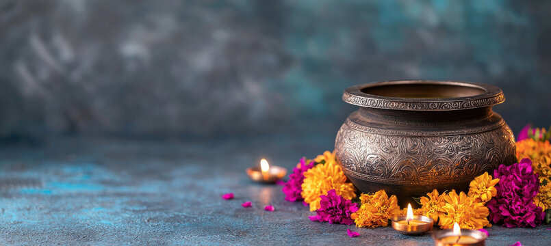 Ornate pot surrounded by vibrant flowers and glowing candles