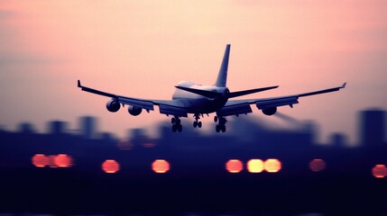 Fototapeta premium Airplane landing at sunset over city.