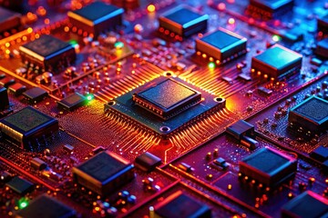 Fototapeta premium Red Background Microchip Pattern, Night Photography, Electronic Components, Circuit Board Design, Tech Wallpaper