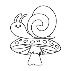 Coloring page with cute snail and mushrooms in grass for kids, kawaii black and white cartoon insects themed educational worksheet for print, game for preschoolers