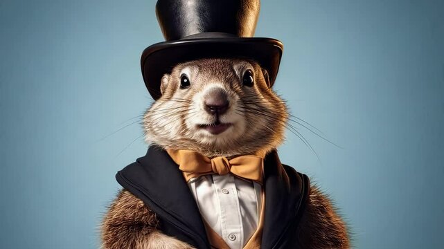 Cute marmot wearing a top hat on his head among the forest on a sunny day And sings songs. zoom in, zoom out, pan or make 360 photo, animate, pan right