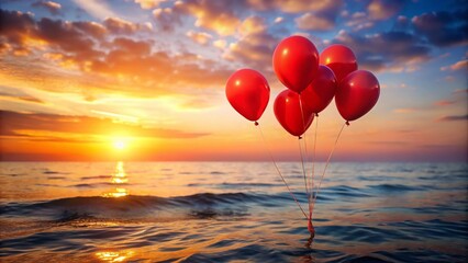 Fototapeta premium Red Balloons Ocean Banner, Bokeh Photography, Romantic Seaside, Summer Vacation, Aerial View, Horizon, Sunset, Balloons Floating, Sea Background, Idyllic Scene