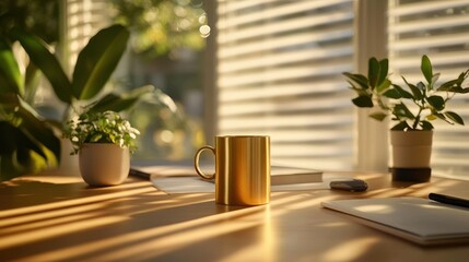 Golden mug on desk with plants and sunlight.