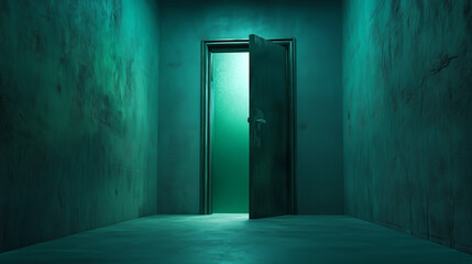 Obraz premium Mysterious door standing open in a dimly lit hallway