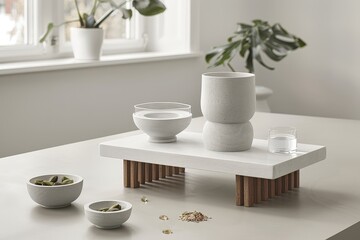 Fototapeta premium Minimalist still life arrangement of kitchenware in a bright room with natural light