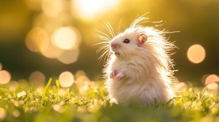 Fluffy cream hamster standing on green grass in golden sunset light.