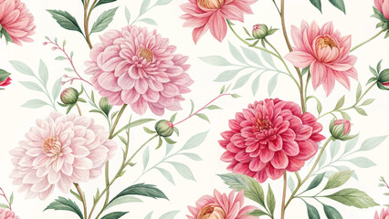 Seamless pattern with hand-drawn dahlia flowers and peonies watercolor design,illustration