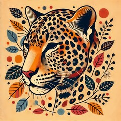 Obraz premium brightly colored artistic depiction of a leopard surrounded by decorative plants and circular motifs