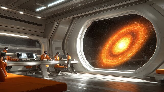 A futuristic astrophysics lab analyzing gravitational wave data, with scientists using immersive virtual reality to explore simulations of cosmic events. 