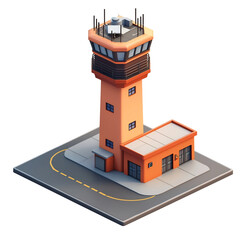 Isometric Air Traffic Control Tower with Rounded Edges and Matte Finish in Cartoon Style